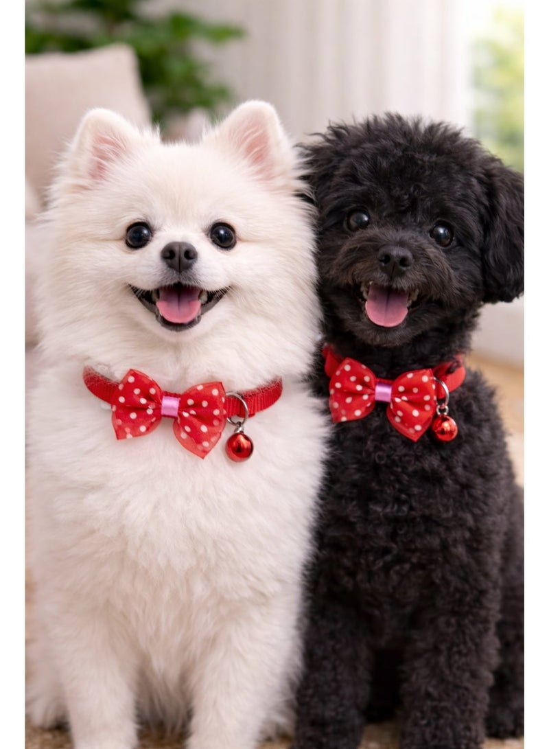Petto 2pc-Adjustable Red Dot Print Bowknot Pet Collar with Bell – Cute Necklace for Small Dogs - Image 3
